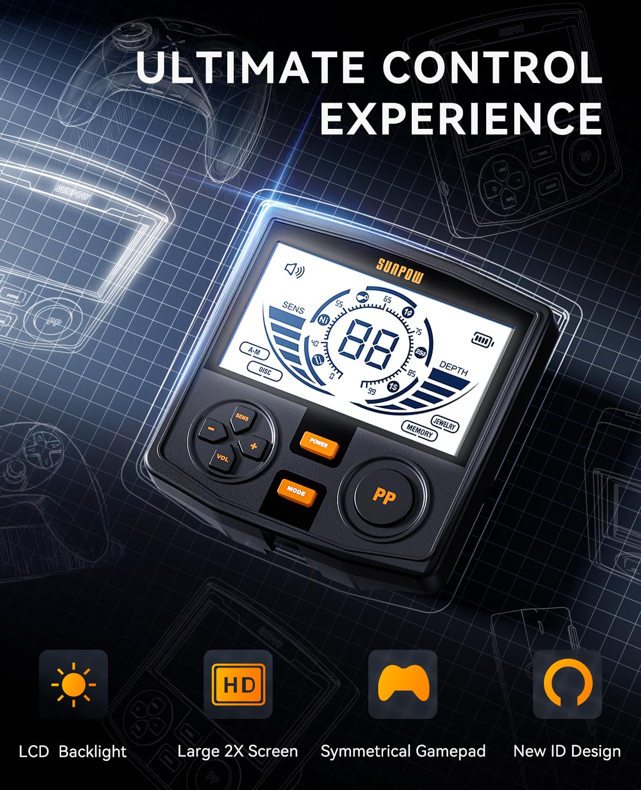 SUNPOW Metal Detector for Adults Professional, High-Tech with DSP Chip and Structure, 3 Pieces Custom, 30cm Waterproof Coil, 2 x LCD Display, 5 Modes, Adjustable Length (50 cm - 150 cm), Stable Spiral