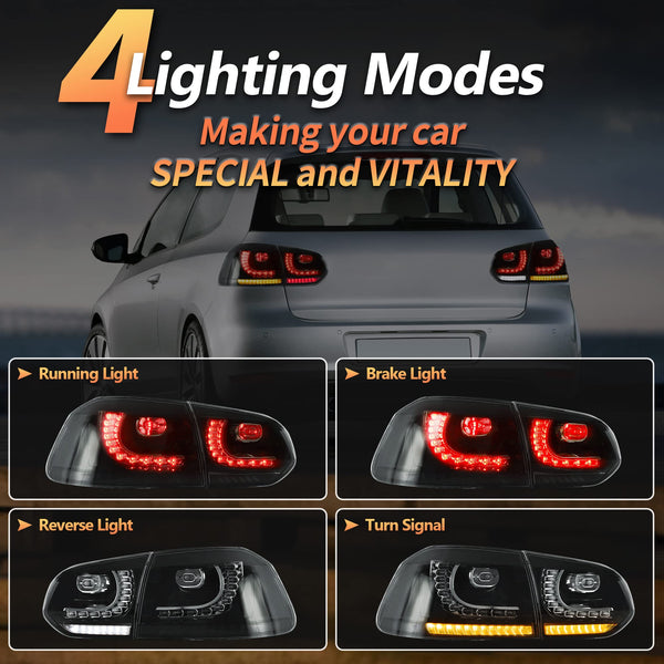 VLAND LED Rear Lights for Golf6 MK6 GTD R TSI 2008-2013 Tail Lights Lamps Assembly with Sequential Indicator, E-mark, One Pair (Smoked)