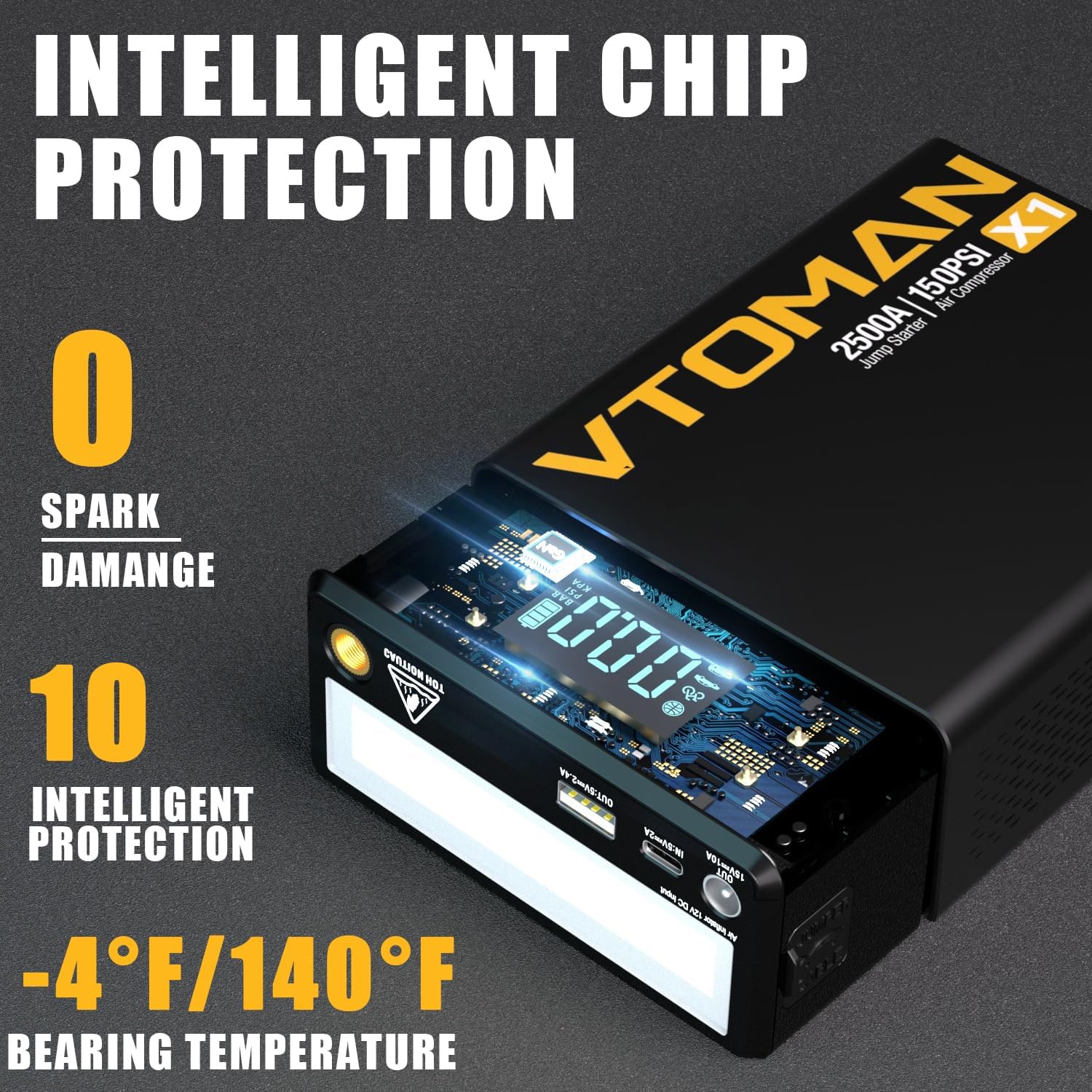 VTOMAN X1 Jump Starter Power pack with Air Compressor 2500A, Portable Car Battery Booster Jump Starter (Up to 8.5L Gas/6.0L Diesel Engines) Jump Pack with 150PSI Digital Tire Inflator