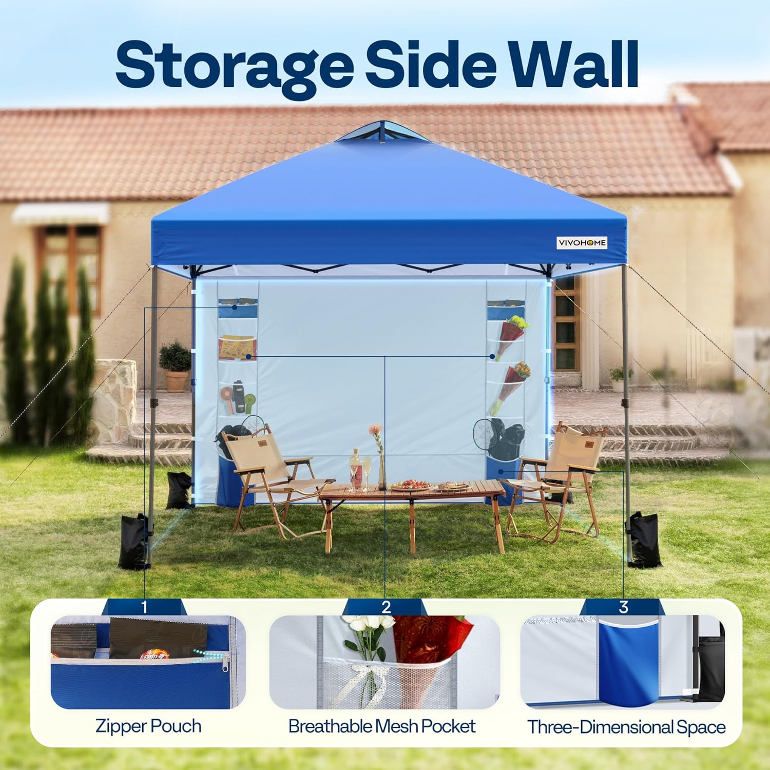 VIVOHOME Canopy Tent 3x3m Outdoor Shelter 2 Tiers Roof with Portable Wheel Carry Bag and 4 Sandbags Pop Up for Patio Garden Backyard