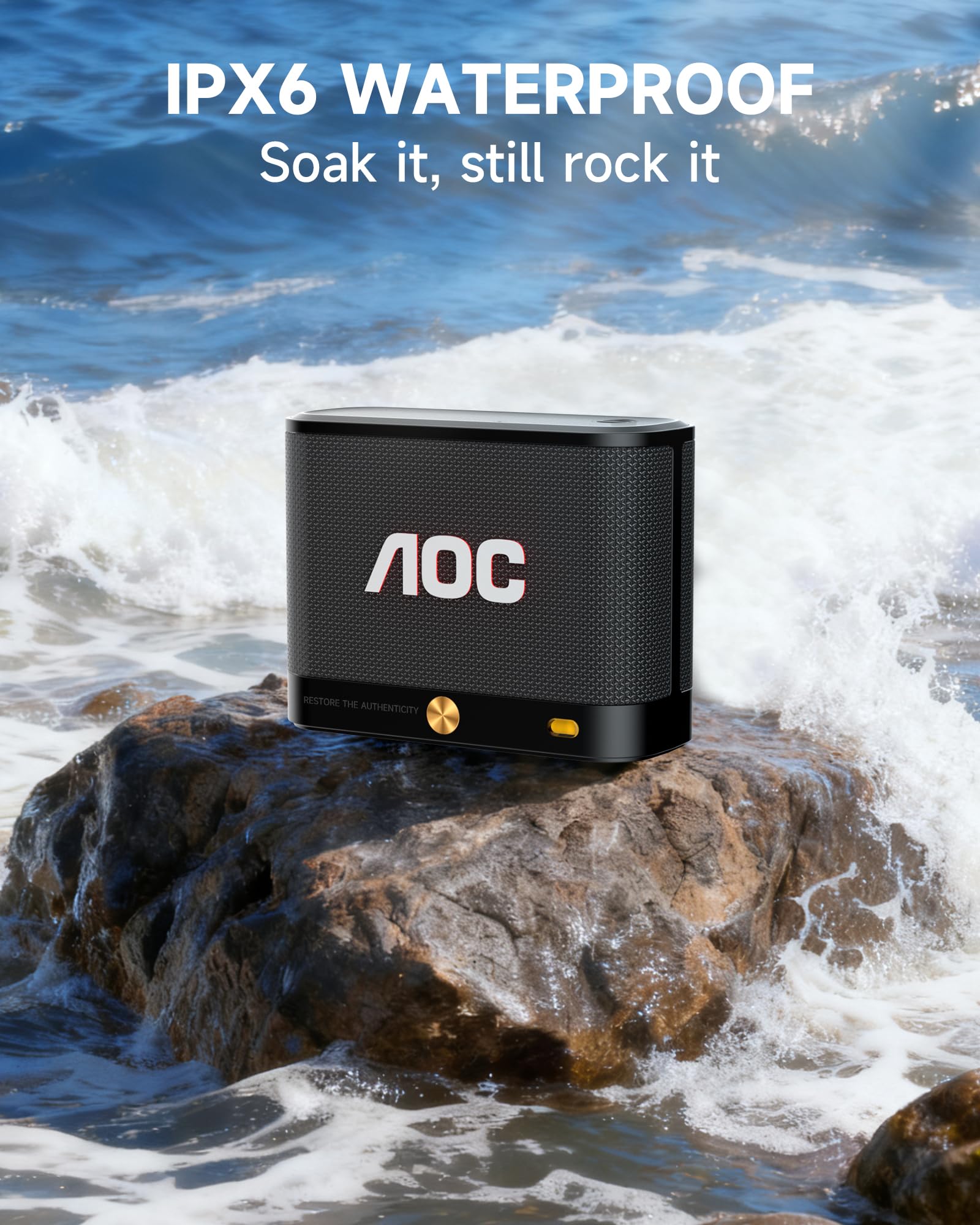 AOC Portable Bluetooth Speaker, BT 5.4, Stereo Sound & BassUp, IP65 Waterproof, 30H Battery, Wireless Pairing, Compact Mini Speaker for Travel & Outdoor – Black
