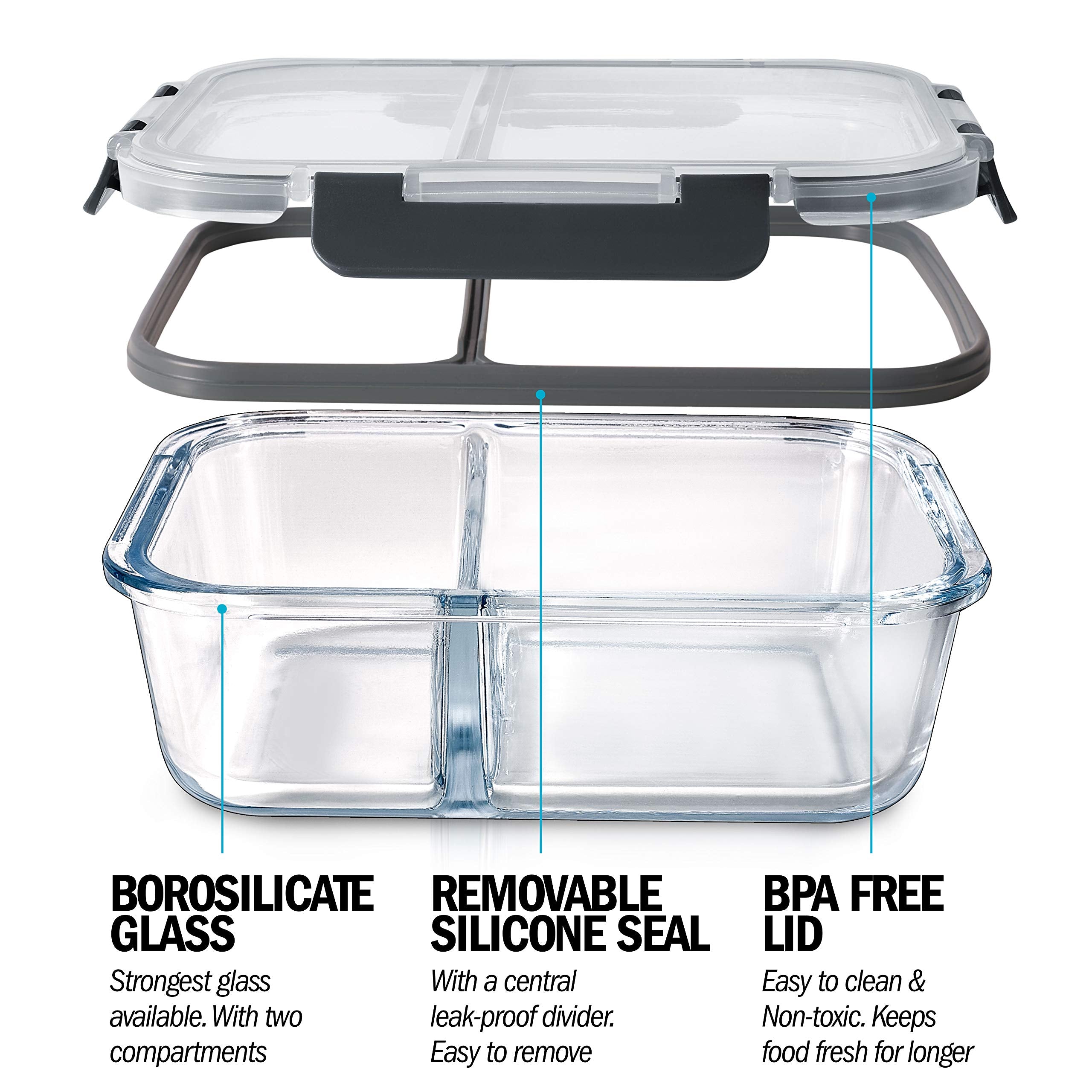 Igluu Meal Prep Glass 2 Compartment Container with Airtight SnapLock Lids - Portion Control Food Storage - BPA Free - Microwavable, Dishwasher,