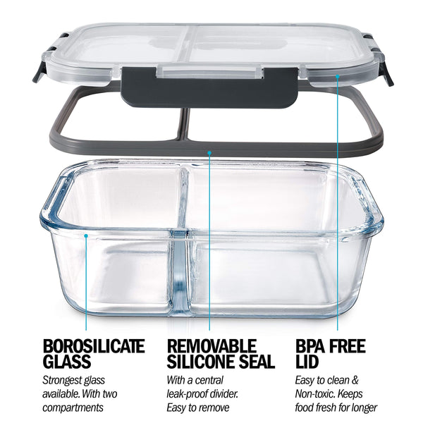 Igluu Meal Prep Glass 2 Compartment Container with Airtight SnapLock Lids - Portion Control Food Storage - BPA Free - Microwavable, Dishwasher,