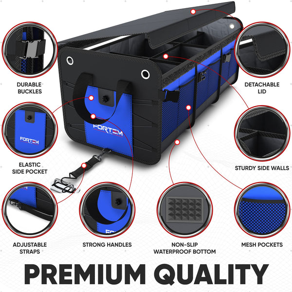 FORTEM Car Boot Organiser, SUV Boot Tidy, Trunk Storage, Collapsible Multi Compartment Car Organiser, Non Slip Bottom, Adjustable Securing Straps, Foldable Cover (65L)