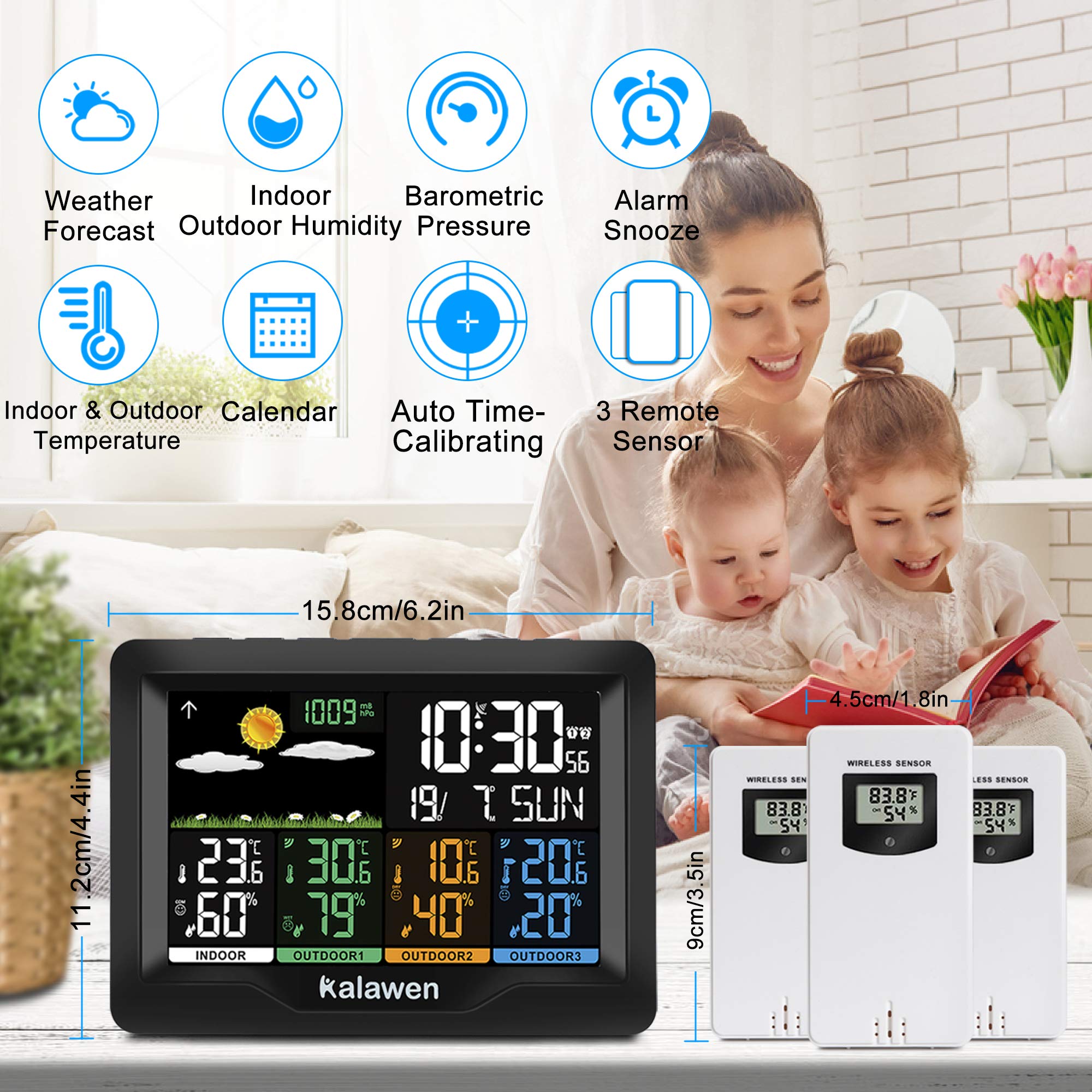 Kalawen Weather Station with 3 Outdoor Sensors, MSF Wireless Digital Alarm Clock, Barometer, Temperature, Humidity Monitor, Weather Forecast for Home