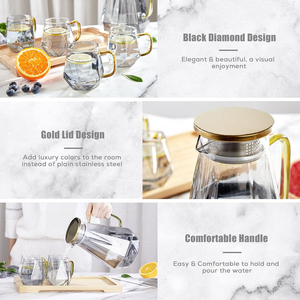 DUJUST Black Diamond Glass Pitcher with 4 Cups, 1 Tray, Elegant Design Water Pitcher with Handle, Decoration for Room, High Durability Water Glass