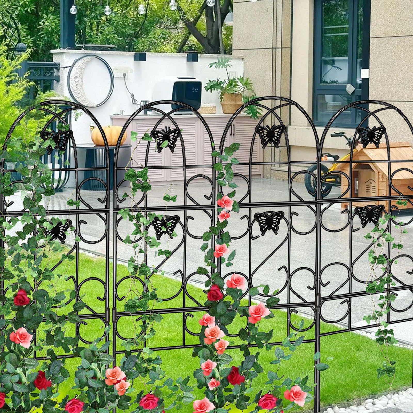 Amagabeli 152x46cm Rustproof Black Iron Butterfly Garden Trellis for Climbing Plants Potted Vines Vegetables Flowers Patio Metal Wire Lattices Grid