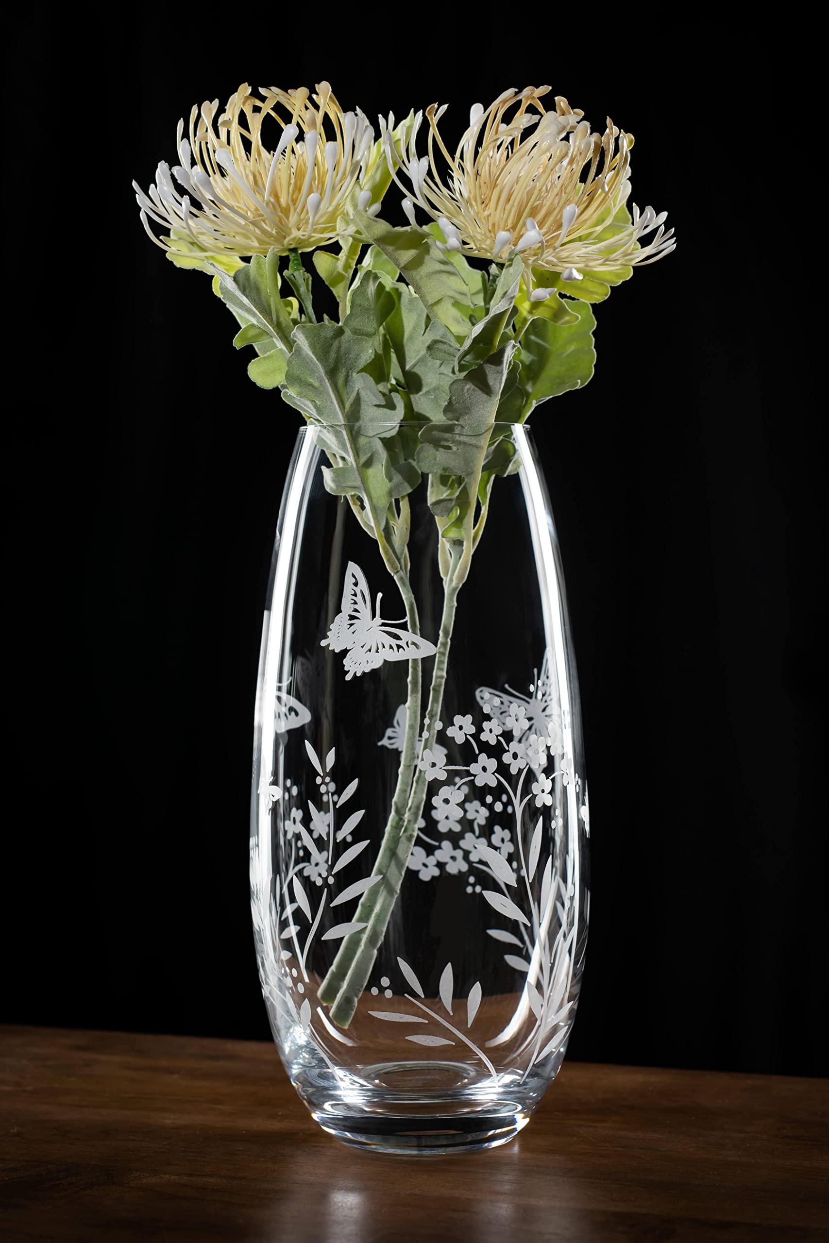 DIAMANTE 'Butterfly' Vase - Hand Etched Butterfly Wild Flowers Floral Pattern Barrel Vase - 25cm Clear