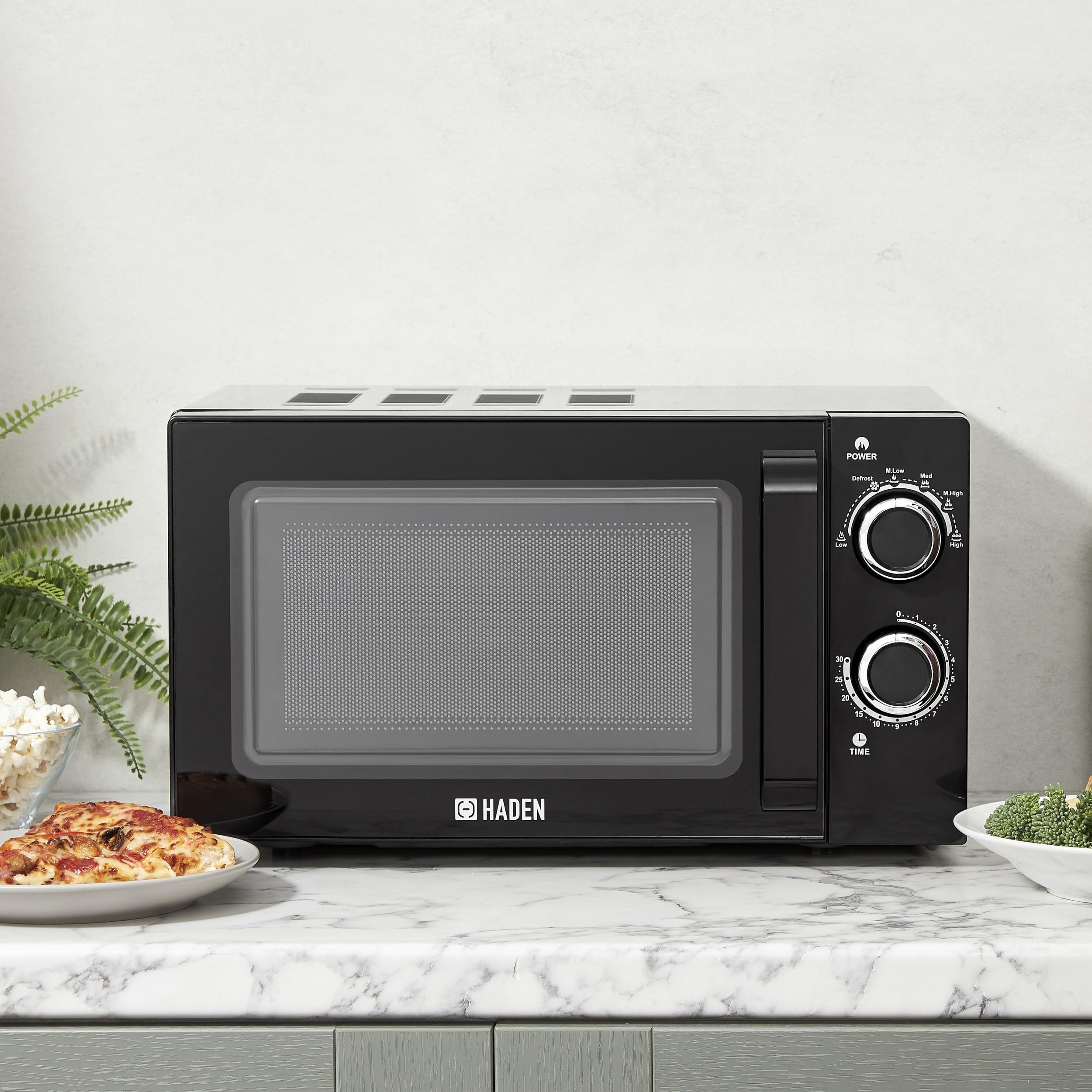 Haden 800W Black Microwave Oven - 20L, 6 Power Levels, Defrost Function, Easy-to-Use Timer, Glass Turntable, Compact Design, Ideal for Small Kitchens,