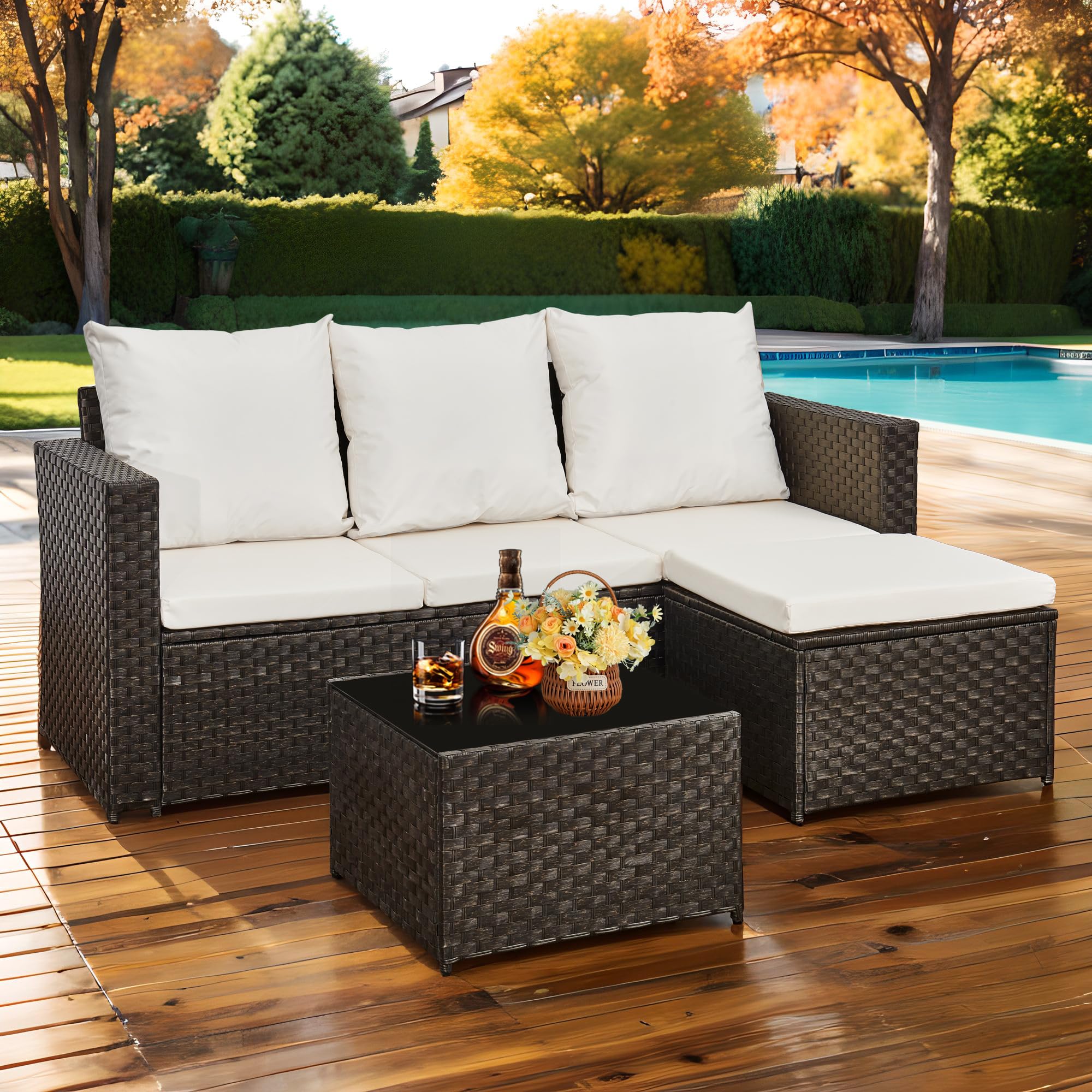 AOUXIN 3 Pieces Rattan garden furniture Patio Furniture Sets All Weather Outdoor Sectional Patio Sofa Manual Weaving Wicker Rattan Corner Sofa with Grey Cushions and Glass Table