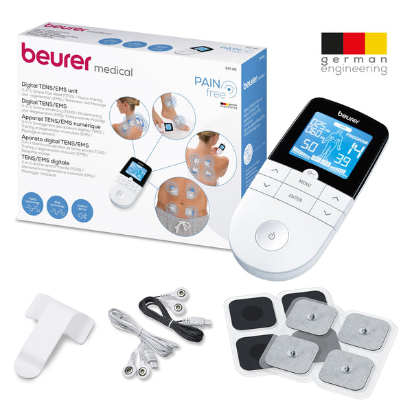 Beurer EM59 Digital TENS/EMS Device with Heat, 4-in-1 stimulation device for pain therapy, muscle stimulation, massage and heat therapy, 4 electrodes, 70 programmes, 50 intensity levels