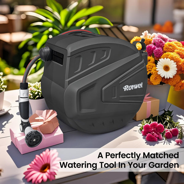Roywel Auto Reel Garden Hose 20MHose Reel Wall MountedAuto Rewind, Self-Locking System,180 Pivotal with Multifunction Spray Nozzle