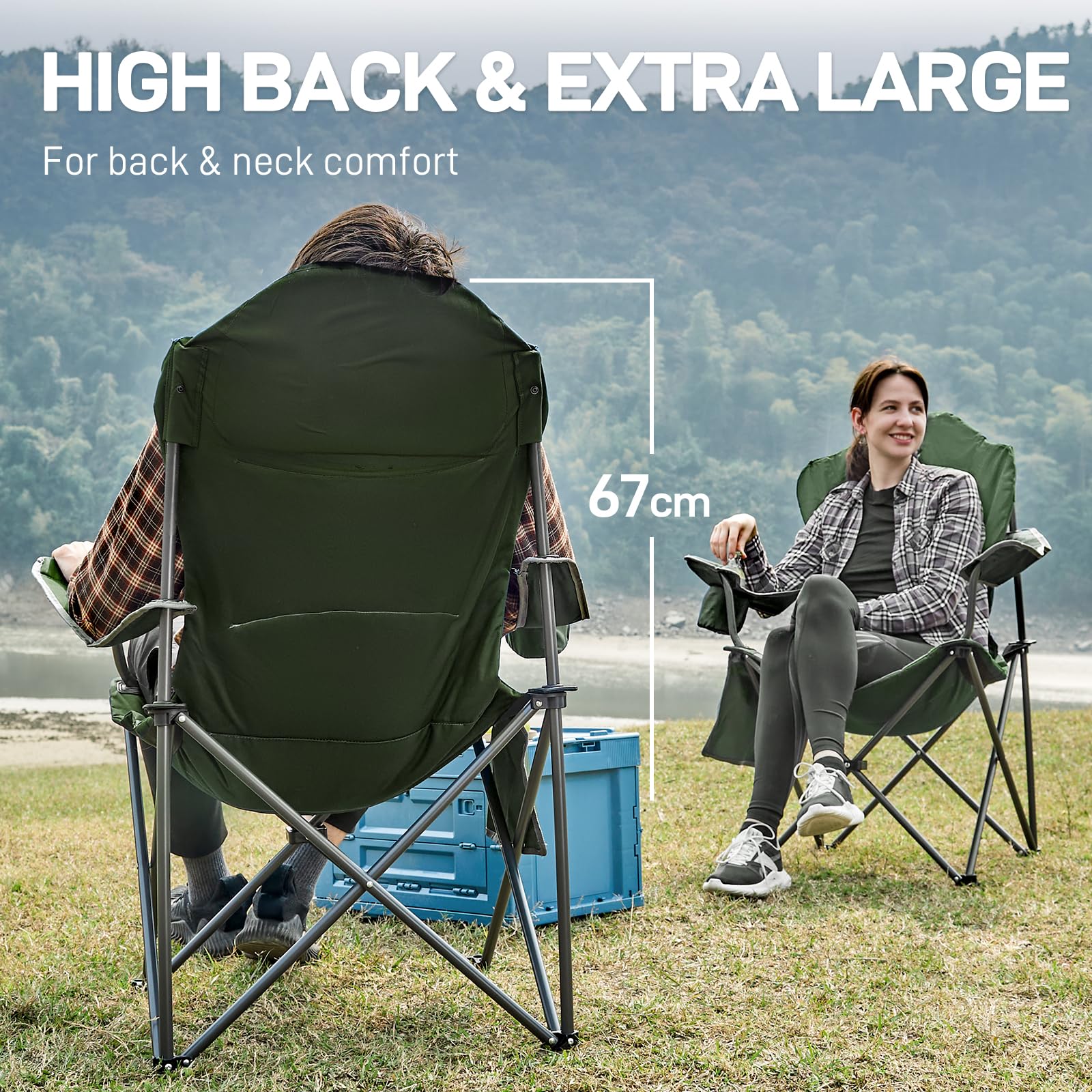 EVER ADVANCED Camping Chairs for Adults Heavy Duty Folding Chair Up to 160kg Oversized with High Back & Cup Holder & Side Pocket Comfy Camp Fold Up Chair