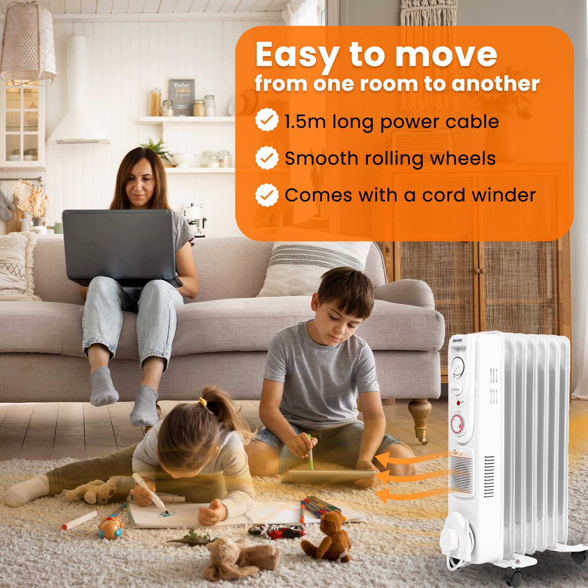 Devola 1500W 5 Fin Oil Filled Radiator, Low Energy Electric Heater with Thermal Fuse for Overheat Cut Off, Adjustable Heating Dial, Turbo Heating Option via PTC Fan, 24 Hour Timer - DVSOR5F15W (White)