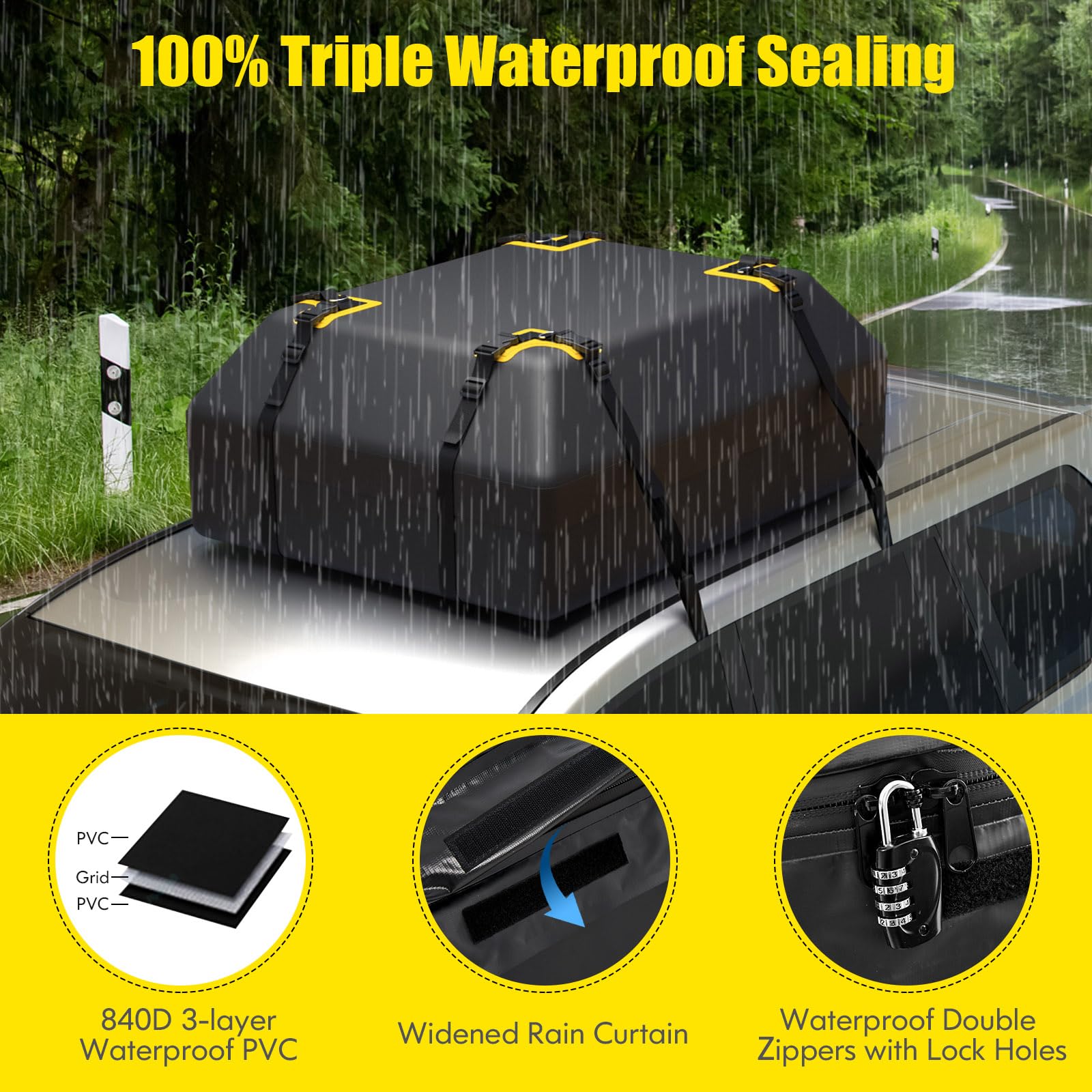 COSTWAY 15/21 Cubic Feet Car Roof Bag, 100% Waterproof Roofing Cargo Carrier with Anti-Slip Mat, Combination Lock & Straps, Rooftop Luggage Storage Box (Black, 21 Cubic Ft/600L)