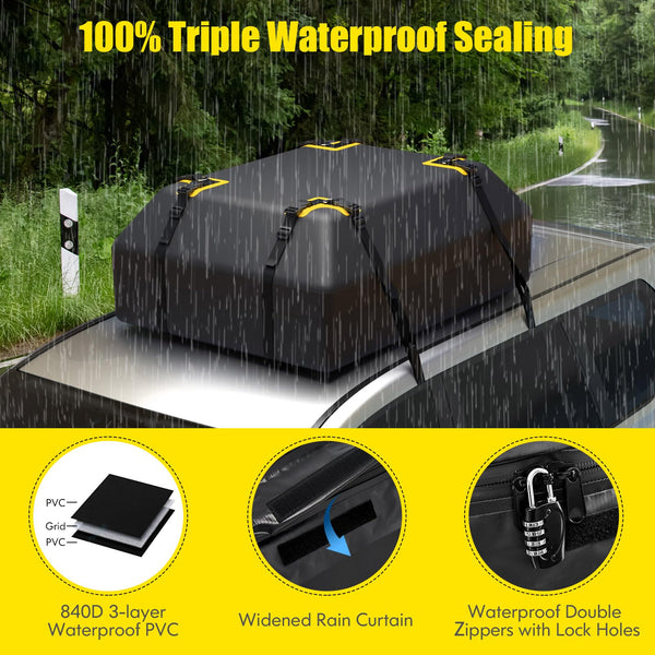 COSTWAY 15/21 Cubic Feet Car Roof Bag, 100% Waterproof Roofing Cargo Carrier with Anti-Slip Mat, Combination Lock & Straps, Rooftop Luggage Storage Box (Black, 21 Cubic Ft/600L)