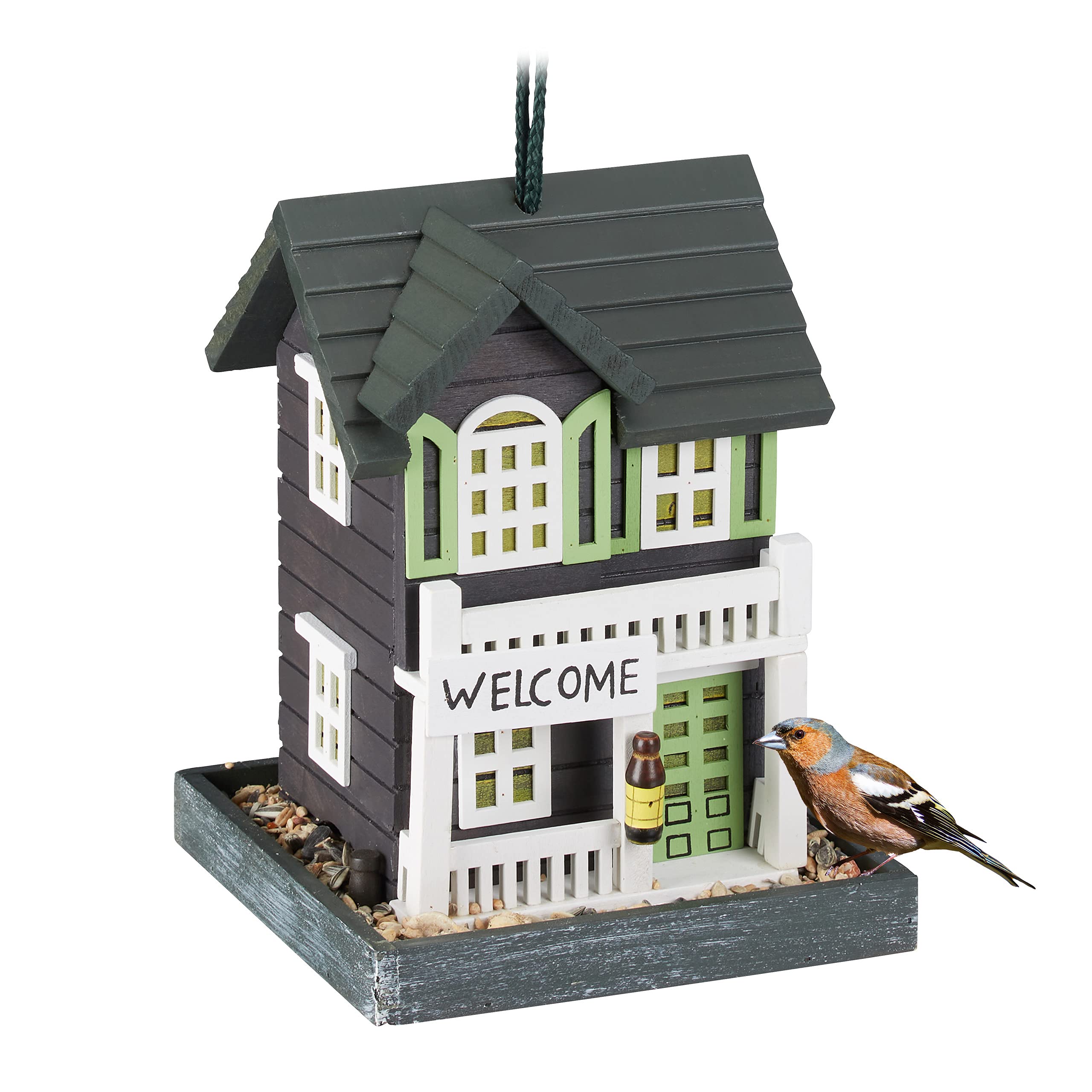 Relaxdays House, Feeding Station for Wild, Hang up, 18x18x23.5cm, Bird Feeder Made of Wood, Colourful