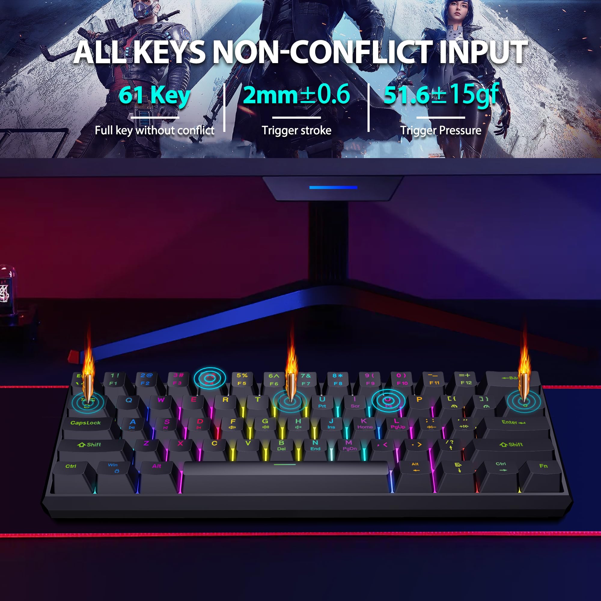 Snpurdiri 60% Wired Mechanical Gaming Keyboard, Mini 61-Key With Red Switches for PC, Windows XP, Win 7, Win 10 (Black-Red)