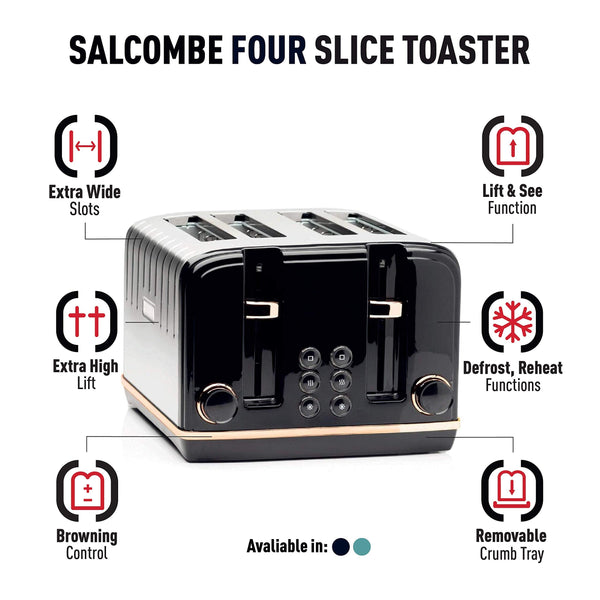 Haden Salcombe Black 4 Slice Toaster - Dual Browning Control, Retro Design, Wide Slot Toaster - Stainless Steel Housing - Self Centring Function -