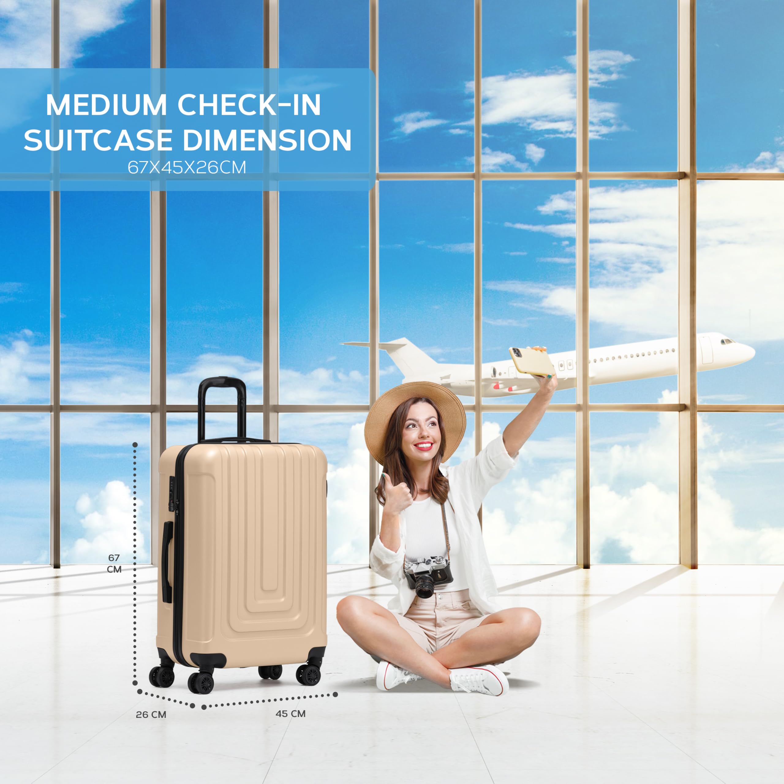 Flight Knight Premium Lightweight Suitcase - Built-in TSA Lock - 8 Spinner Wheels - ABS Hard Shell Check in Highly Durable Luggage - Medium - 67x45x26cm