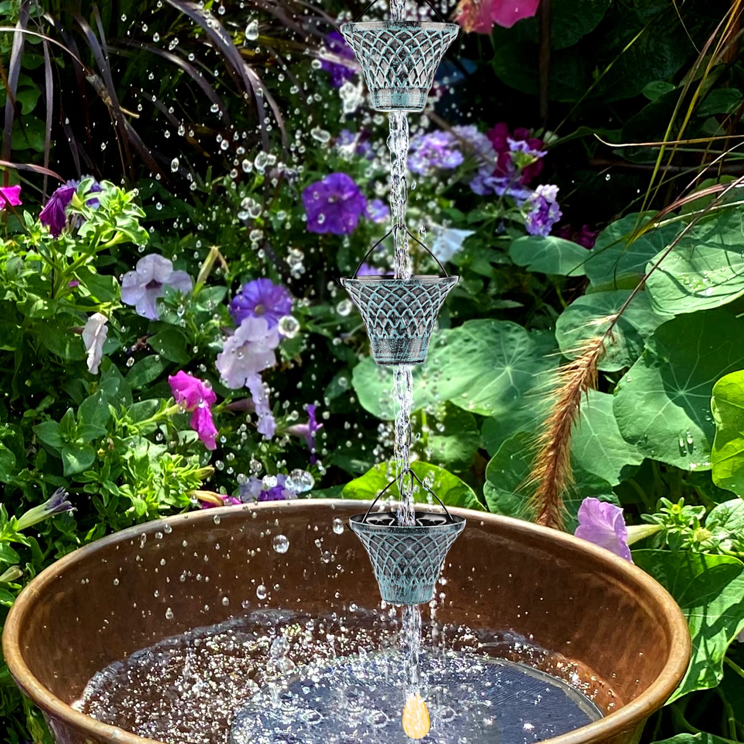 Hanayard Decorative Blue Plaid Rain Chain Umbrella Shape Downspouts 8.5 FT Outdoor Garden Decor for Gutters - 12 Cups?