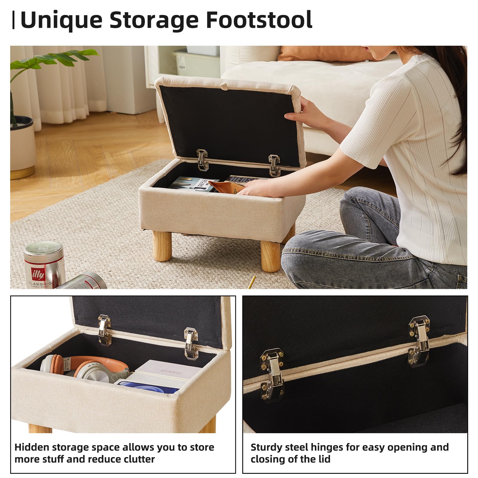 Aibiju Footstool with Storage, Small Ottoman Footstool, Fabric Footstool with Wooden Legs for Living Room Bedroom Entryway,Beige, YD-JD1361