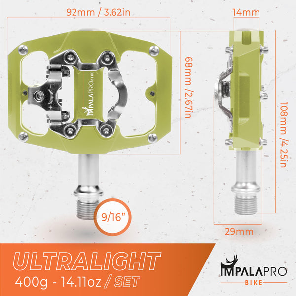 IMPALAPRO Dual Function Bicycle Pedals - Flat & SPD Clipless - 9/16'' Yellow