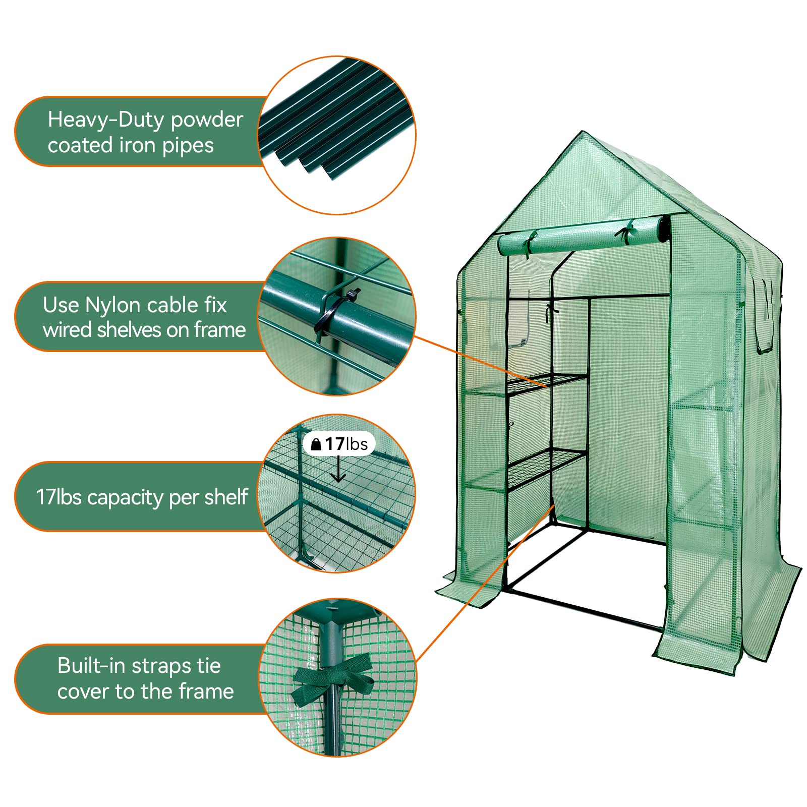 Grandhom Walk In Greenhouse With Shelves,Walk-In Plant Plastic Green House With Durable Green PE Cover, 3 Tiers 6 Shelves Greenhouse Frame Stands with