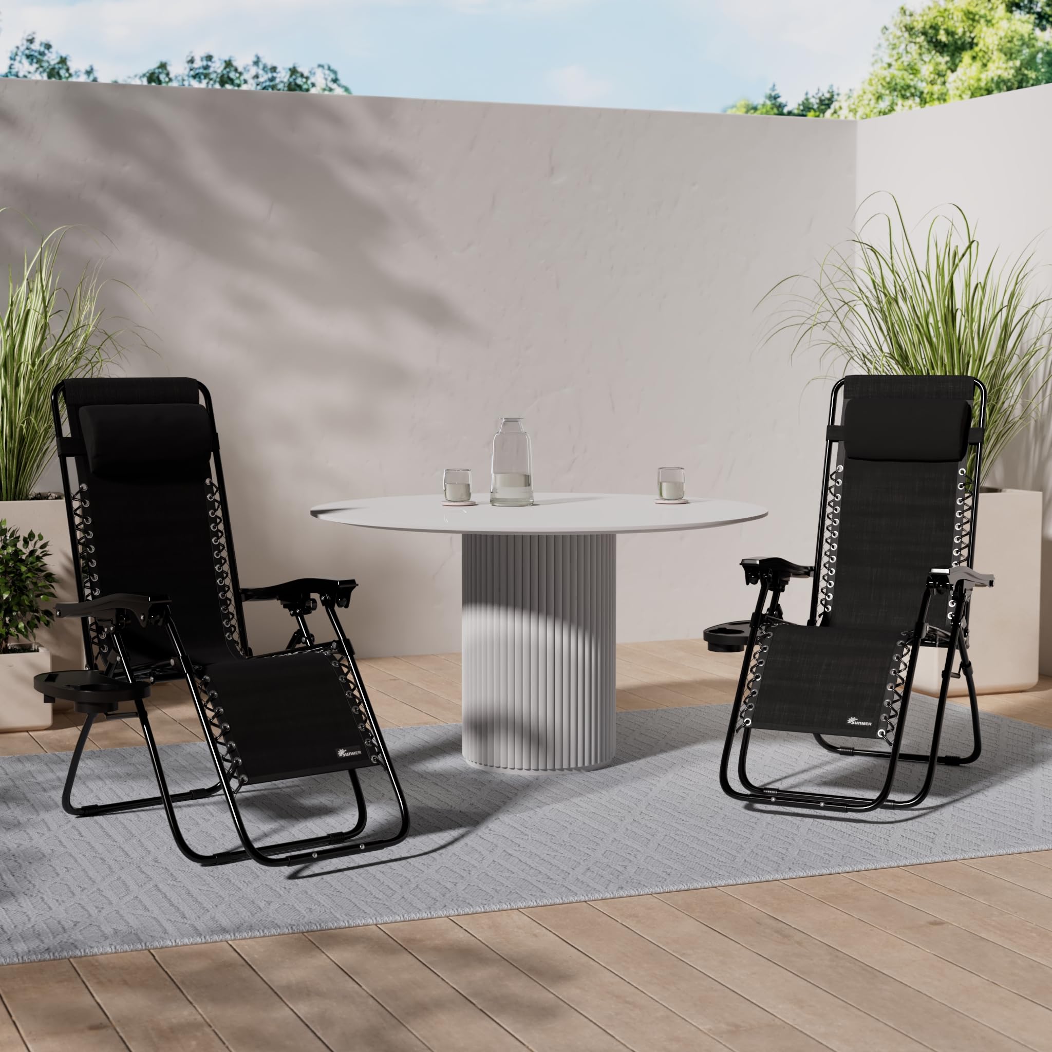Set of 2 Sun Lounger Garden Chairs With Cup And Phone Holder | Adjustable Headrest Pillow | Deck Folding Recliner Zero Gravity Outdoor Chair - Black