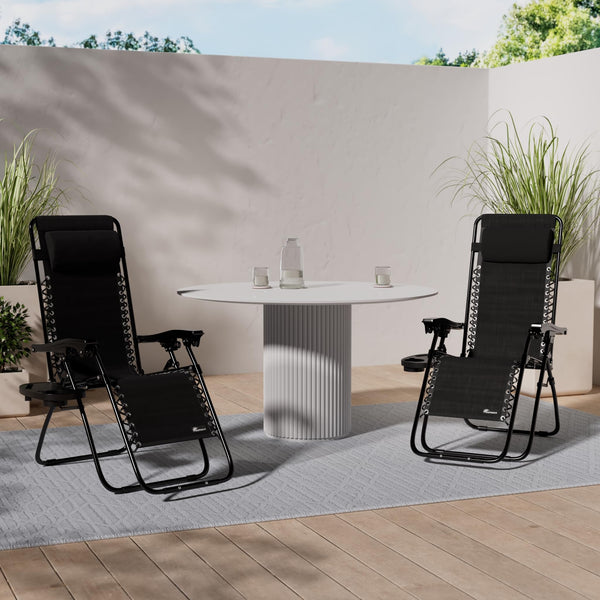 Set of 2 Sun Lounger Garden Chairs With Cup And Phone Holder | Adjustable Headrest Pillow | Deck Folding Recliner Zero Gravity Outdoor Chair - Black