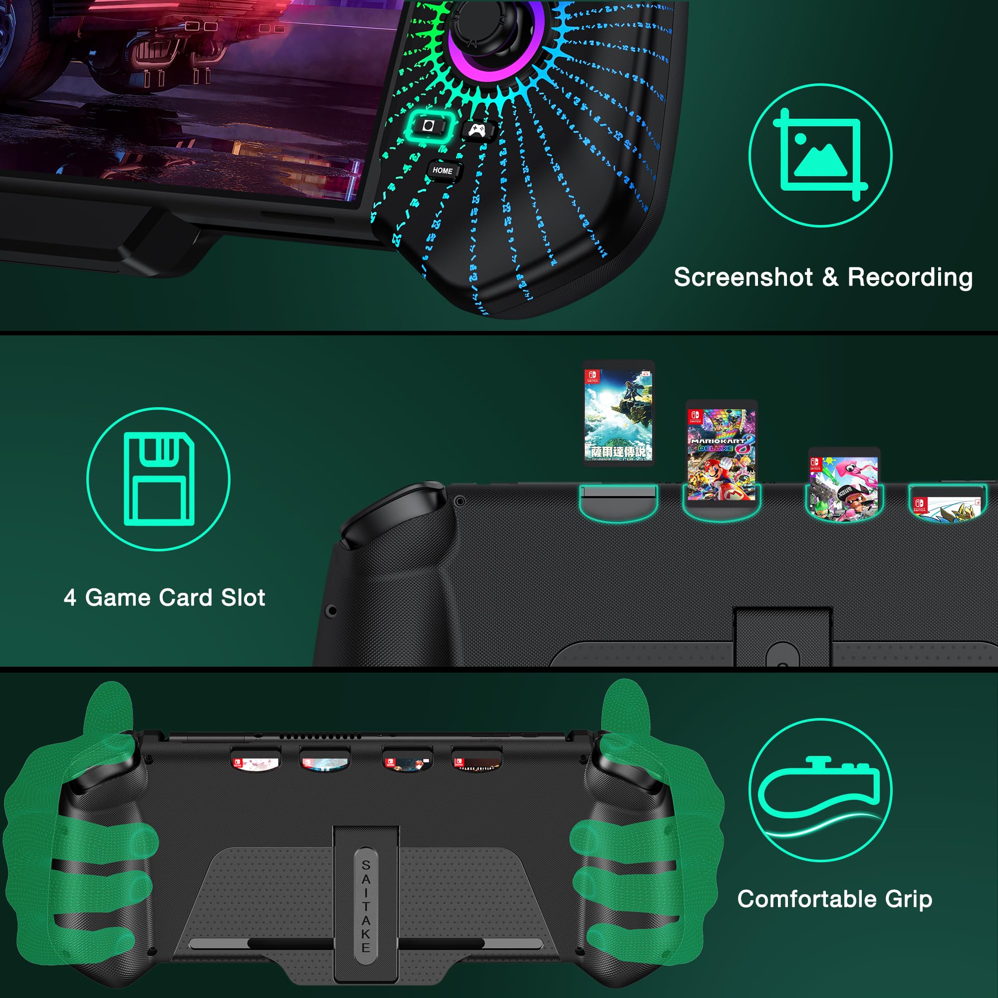 HELLCOOL Switch Pro Controller for Switch/OLED,Switch Controller for Handheld Grip with Hall Effect Joystick,One-Piece Switch Joycon with Turbo/Programmable/6-Axis/Vibration/RGB/4 Card Slot(Black)