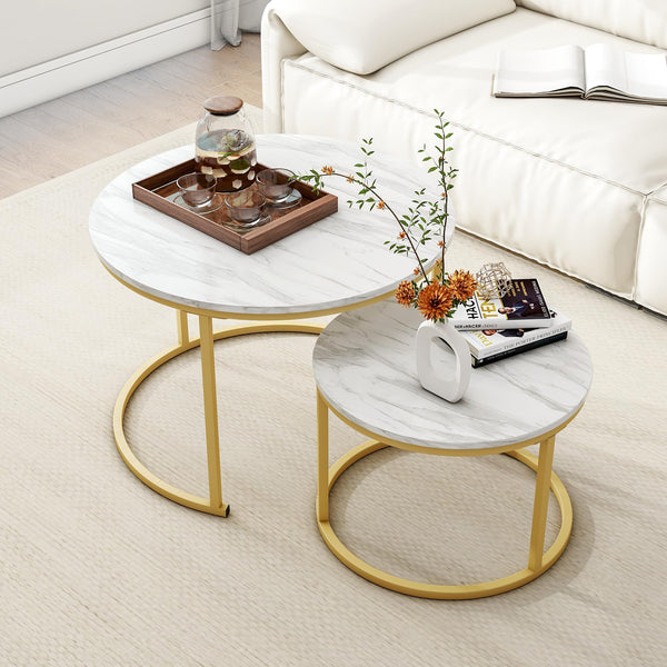HOJINLINERO Round Coffee Table Set of 2,Nest of Tables,Coffee Tables for Living Room,Wooden Coffee Table with Storage & Gold Metal Frame,Modern Side