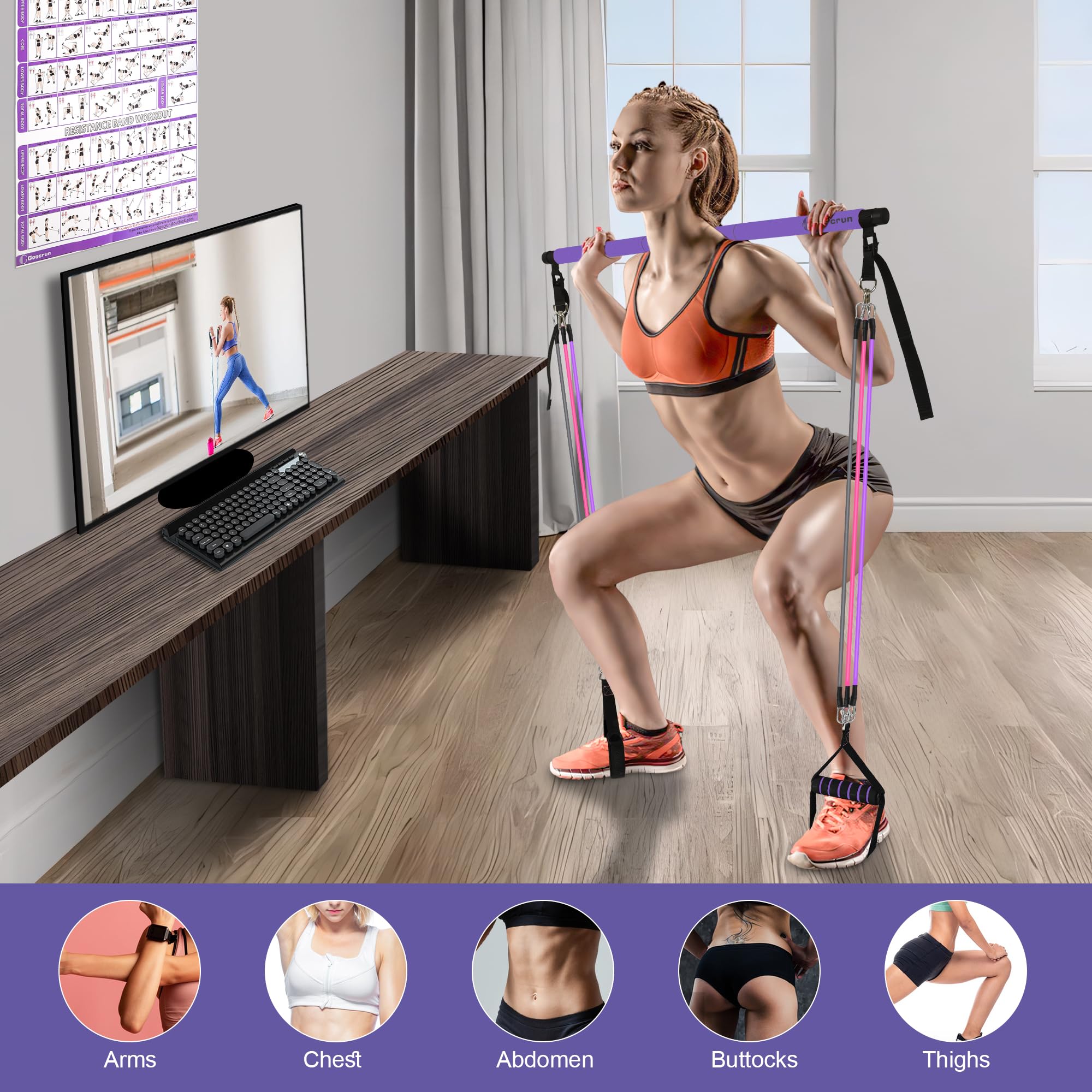 Multifunctional Pilates Bar Kit Home Gym, Resistance Bands Set with Handles and Door Anchor and Extension Straps - with Fitness Poster and Video