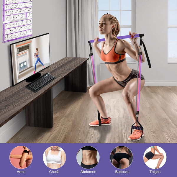 Multifunctional Pilates Bar Kit Home Gym, Resistance Bands Set with Handles and Door Anchor and Extension Straps - with Fitness Poster and Video