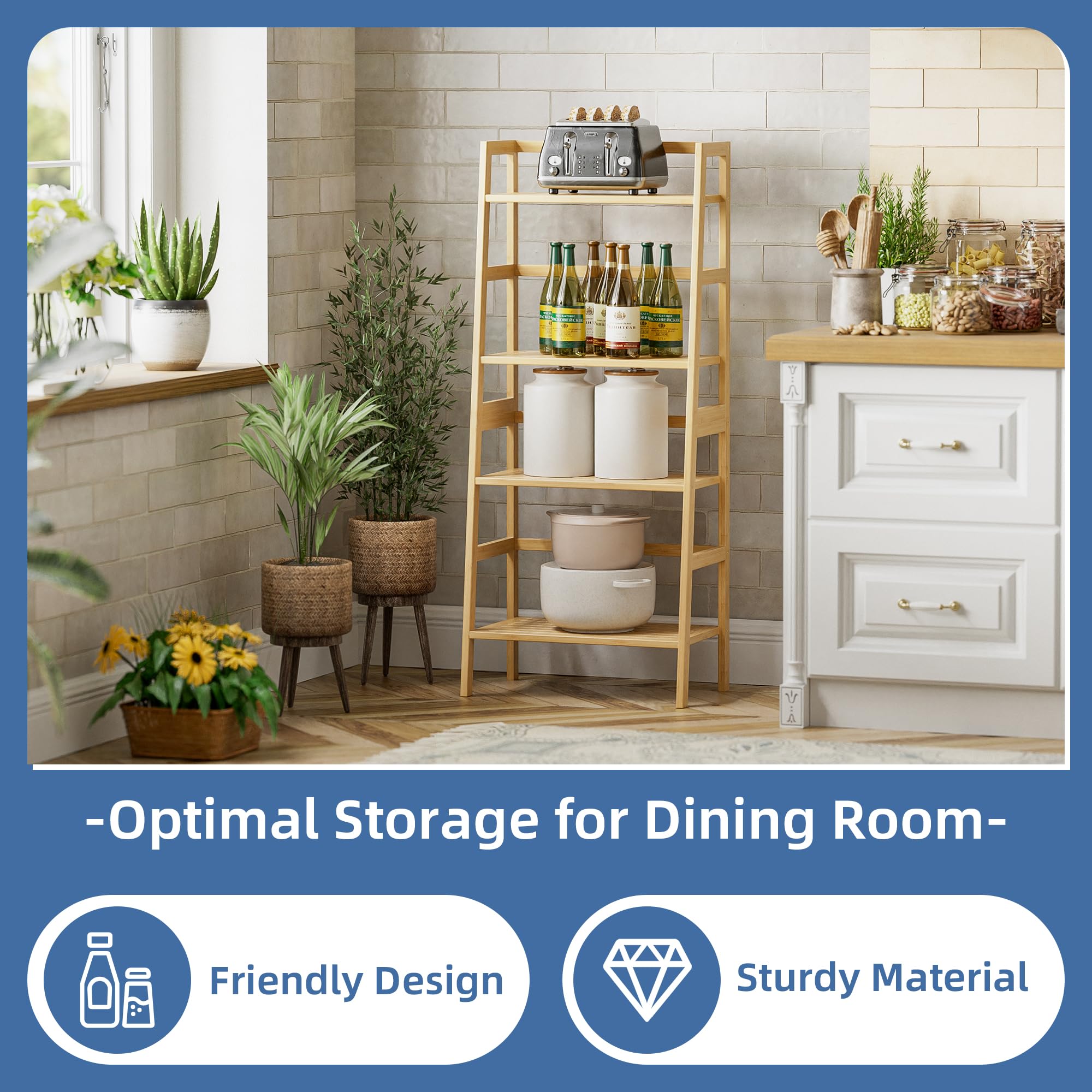 HITNET Bamboo Ladder Shelf, 4-Tier Bookshelf, Freestanding Open Bookcase Bathroom Storage Rack Organizer, Small Flower Plant Stand, Natural