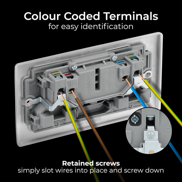BG Electrical Cooker Switch with Socket and LED, Cooker Control Unit, Control Socket, Double Pole, Raised Profile, Round Edges, Nexus Metal, Brushed Steel, Grey Inserts, 45A, NBS70G