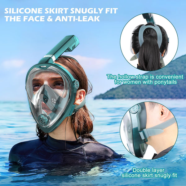 KUYOU Full Face Snorkel Mask, Snorkeling Gear for Adults Teens with Latest Dry Top Breathing System, Foldable 180°Panoramic View Snorkeling Mask Adult, Anti-Fog & Anti-Leak