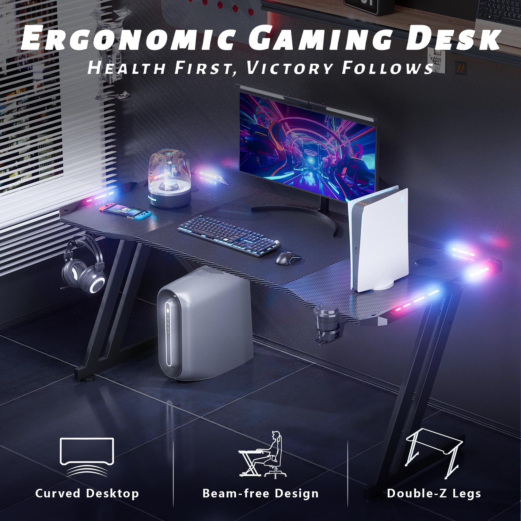 DLONGONE 160 x 60cm RGB Gaming Desk, Large Gaming Table for Laptop, Home Office Desk with Carbon Fiber Coated, Gaming PC Desk with Headphone Hook and