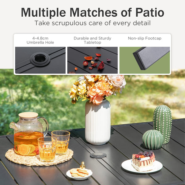 PHIVILLA Garden Table for 6 Person 150 * 90cm Patio Outdoor Table Rust Proof Steel Frame with 4 cm Parasol Hole Outdoor Furniture Garden Dining Table Maintenance Free Black