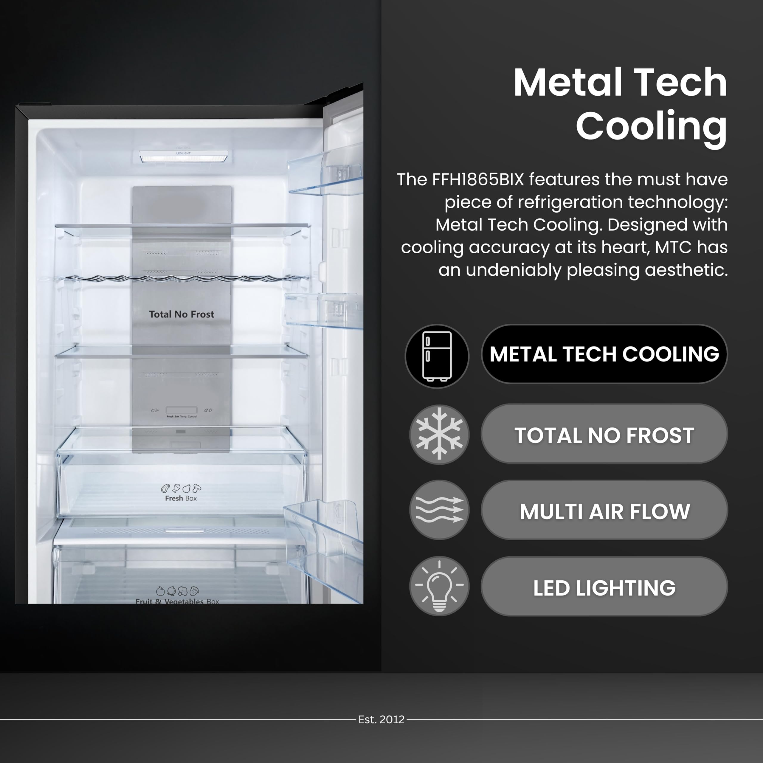 Teknix FFH1825WB 55cm Freestanding 50/50 Fridge Freezer - 256 Litre Capacity - Total No Frost - Non-plumbed Water Dispenser - Black, H182.5 x W55 x D56.2 (cm)