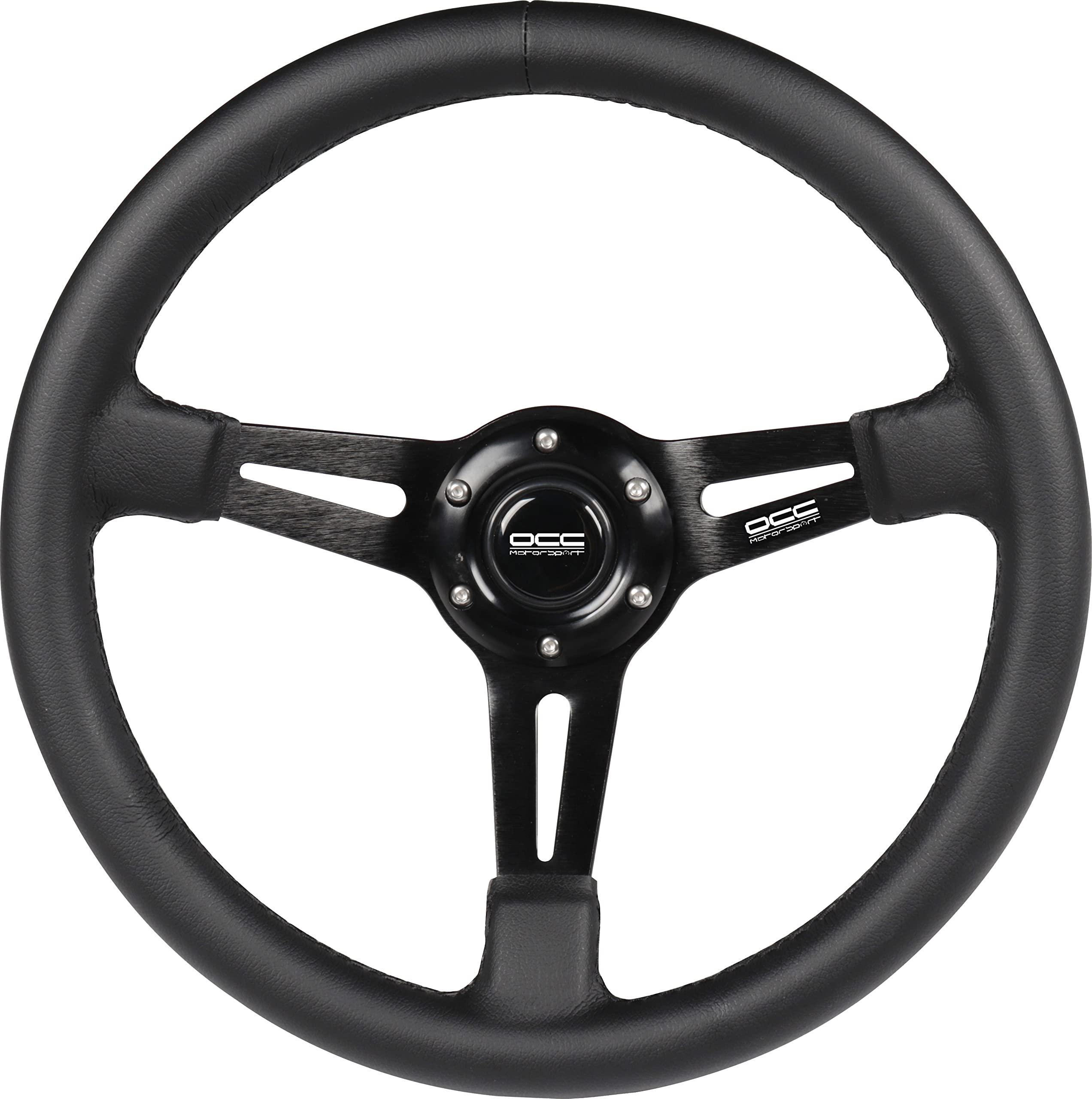 OCC MOTORSPORT OFFSET STEERING WHEEL CLASSIC MODEL PERFORATED LEATHER WITH BLACK ARMS - 90 MM FULL DISH WHEEL - 350MM (14 INCH)