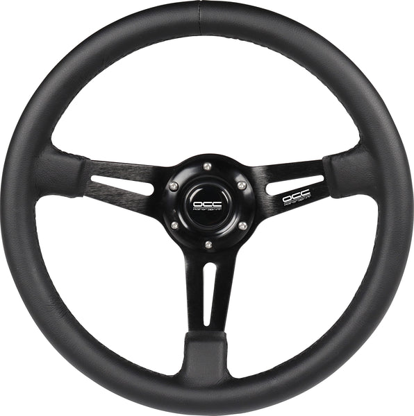 OCC MOTORSPORT OFFSET STEERING WHEEL CLASSIC MODEL PERFORATED LEATHER WITH BLACK ARMS - 90 MM FULL DISH WHEEL - 350MM (14 INCH)