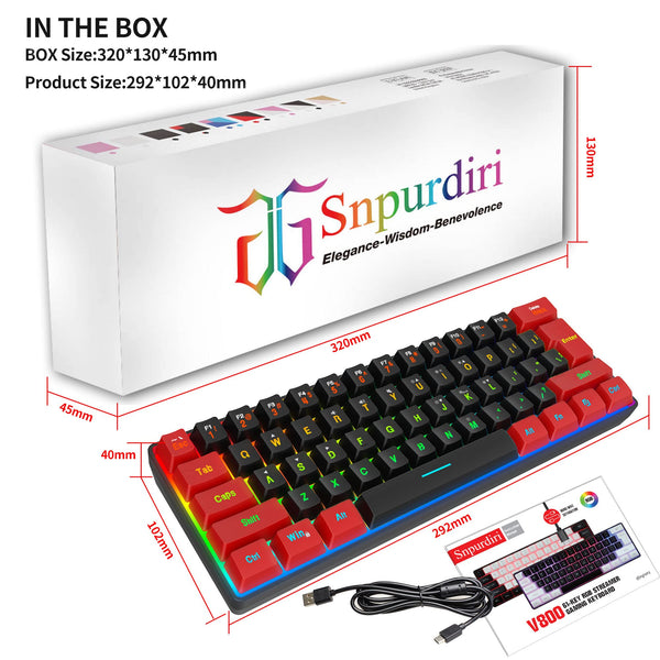 Snpurdiri 60% Wired Mechanical Gaming Keyboard, Mini 61-Key With Red Switches for PC, Windows XP, Win 7, Win 10 (Black-Red)