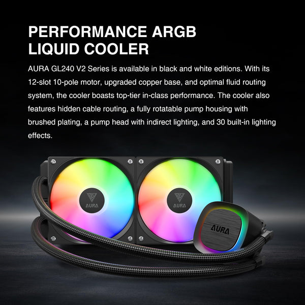 GAMDIAS AURA GL240 V2 AIO, 240mm CPU Liquid Cooler, Easy Cable Routing Design, Rotatable Performance Pump, 2 x 120mm Low-Noise PWM ARGB Fan w/ MB Sync, AMD AM5/AM4；Intel LGA 1851/1700/115x/1200, White