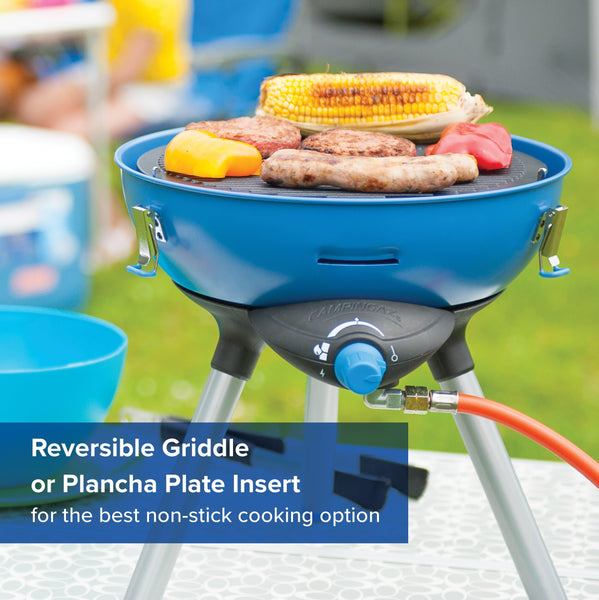 Campingaz Party Grill 400 CV, Camping Stove and Grill, All-in-One Portable Camping BBQ, with Griddle, Grid and Pan Support, Lid Doubles as Wok, Blue