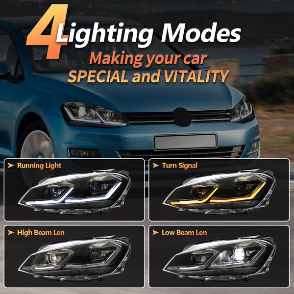 VLAND Headlights for GOLF 7 VII MK7 2012-2017 Front Lamps,with Sequential Indicator,Only Fit for Halogen Version (Sliver Stripe)