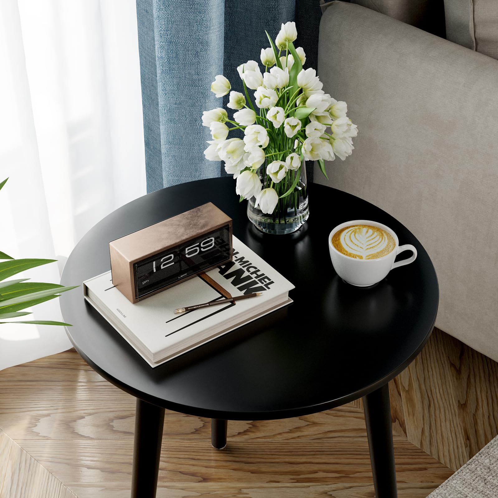 APICIZON Black Side Table, Round Coffee Table, Small End Table for Living room, Bedroom, Small Space, Wooden Bedside Table, Easy Assemble, 42(D) x