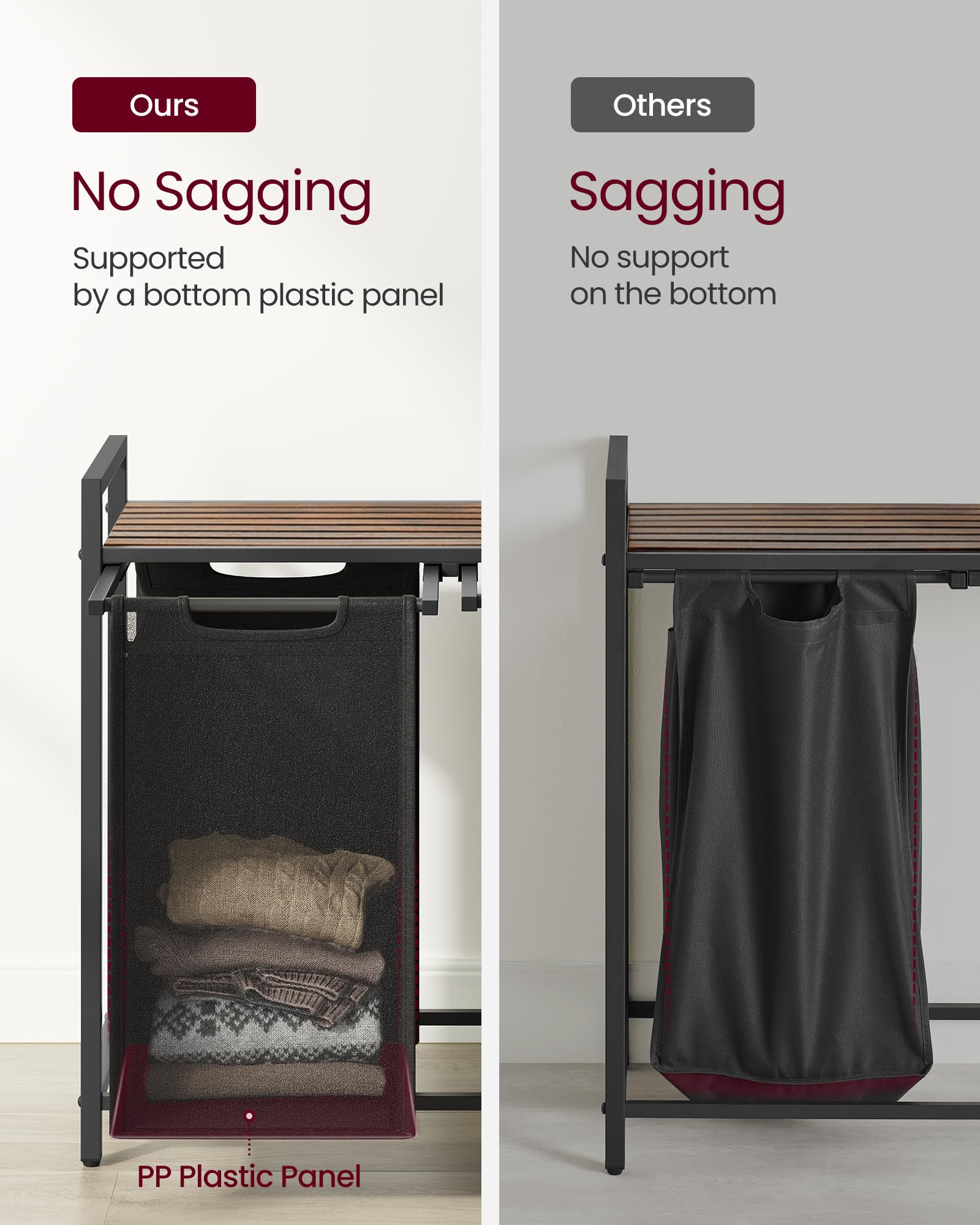 VASAGLE Laundry Basket, Laundry Hamper, Pull-Out and Removable Liner Bag, Shelf, Metal Frame, 65 L, 50 x 33 x 72 cm, Ink Black and Rustic Brown BLH101B01