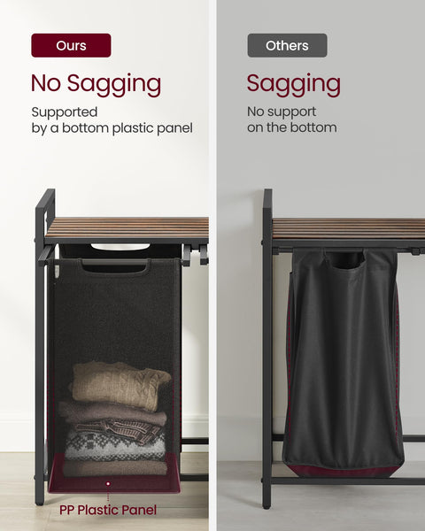 VASAGLE Laundry Basket, Laundry Hamper, Pull-Out and Removable Liner Bag, Shelf, Metal Frame, 65 L, 50 x 33 x 72 cm, Ink Black and Rustic Brown BLH101B01