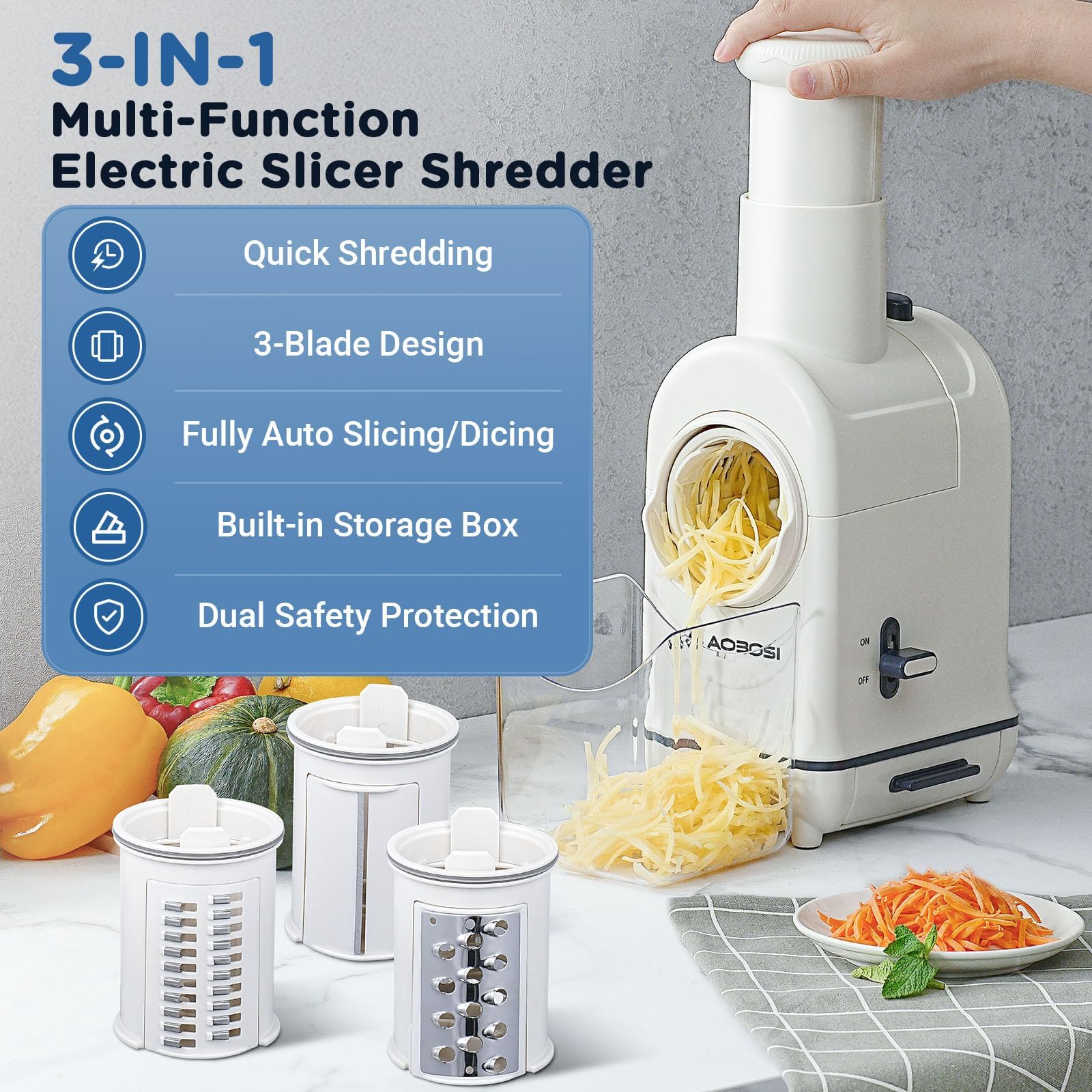 AOBOSI Electric Cheese Grater, Electric Graters for Kitchen with Large Chute for Whole Carrot Cheese Potato Slicer, 3 in 1 Vegetable Slicer with 3